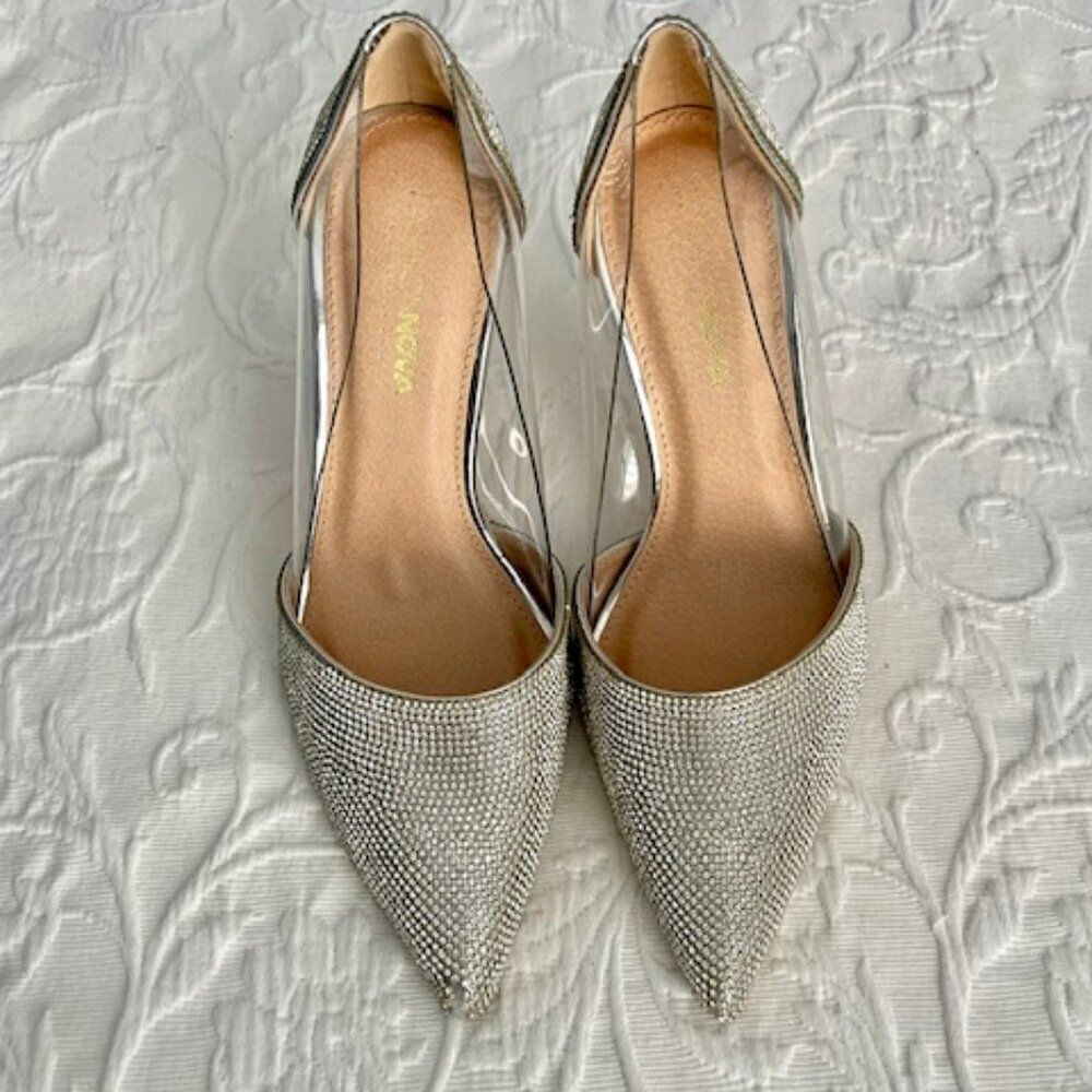 Fashion Nova Silver Clear Crystal Glitter Sequin Heels Pumps Shoes 8M